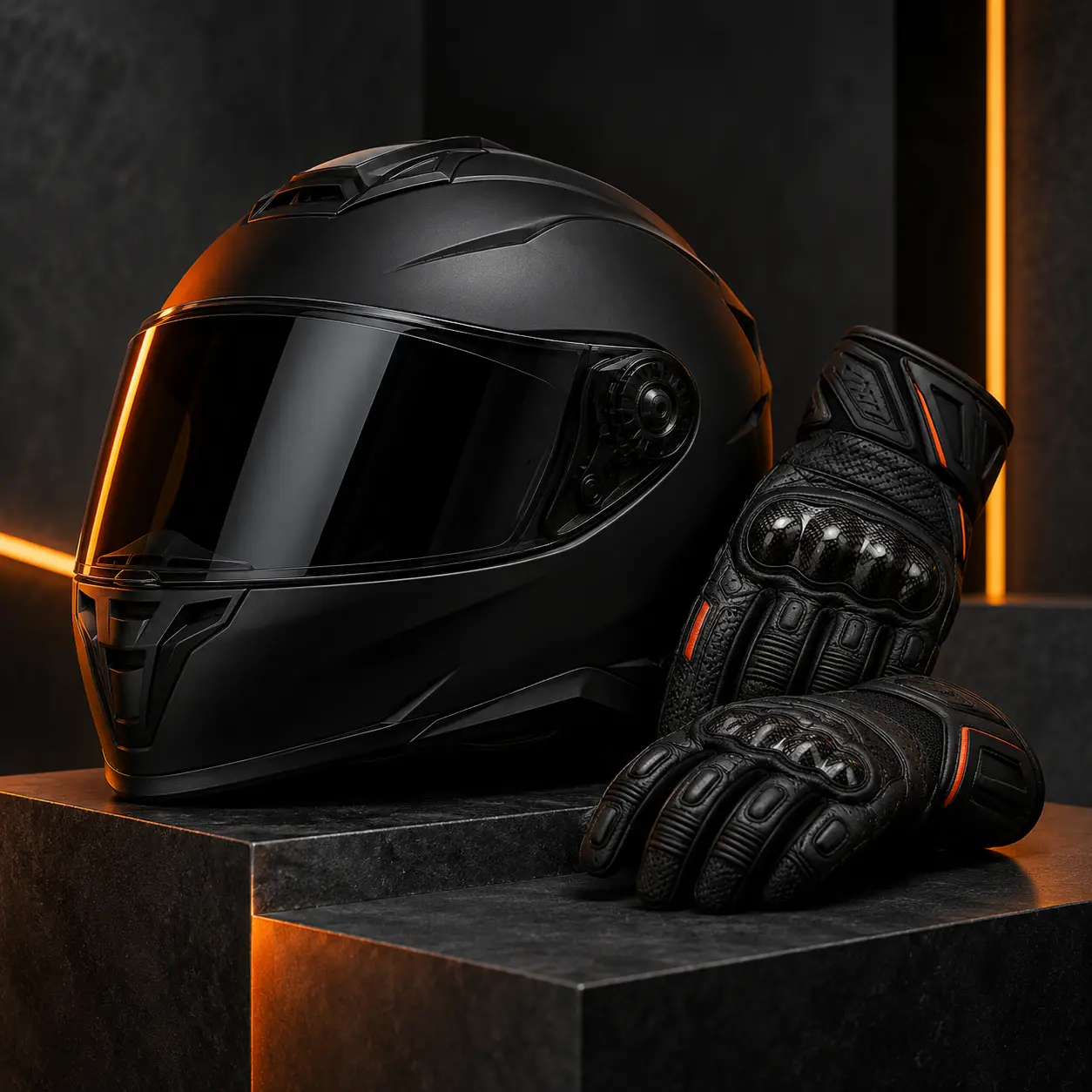Matte black full-face helmet and riding gloves