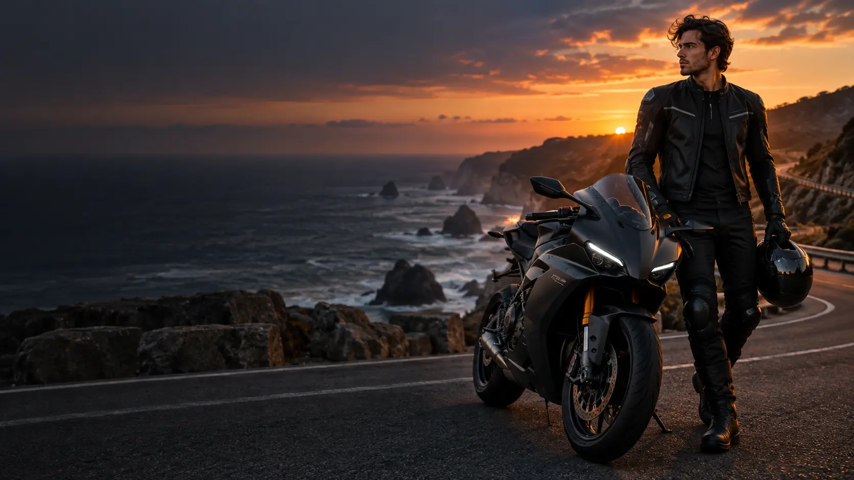 Rider in black protective gear beside a sport motorcycle on the California coast
